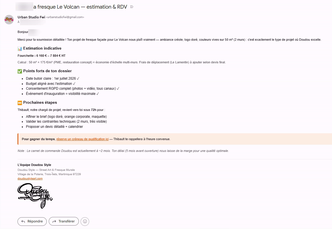Email automatique de qualification d'un prospect — Doudou Style